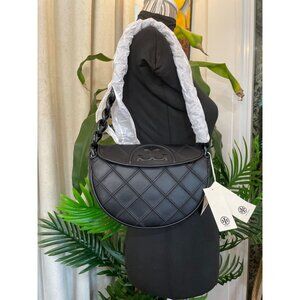 ✺ NWT!  Authentic Tory Burch Black Leather Cresent Fleming Handbag